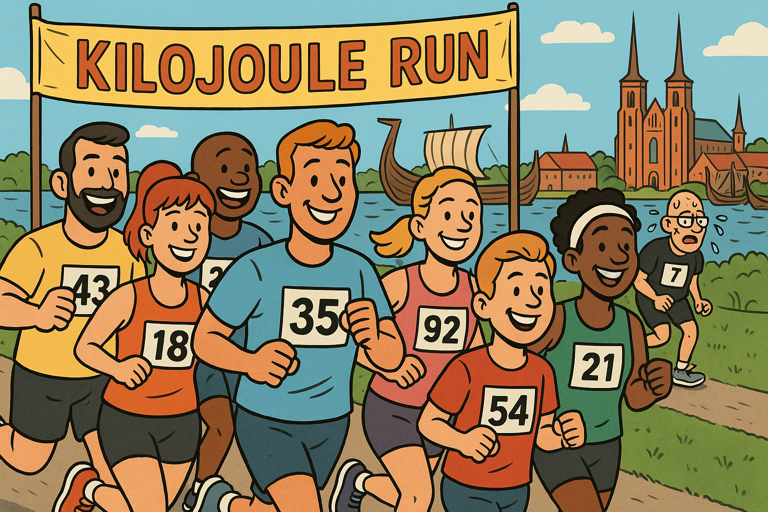 En gruppe lober ved fjorden og Junker sveder